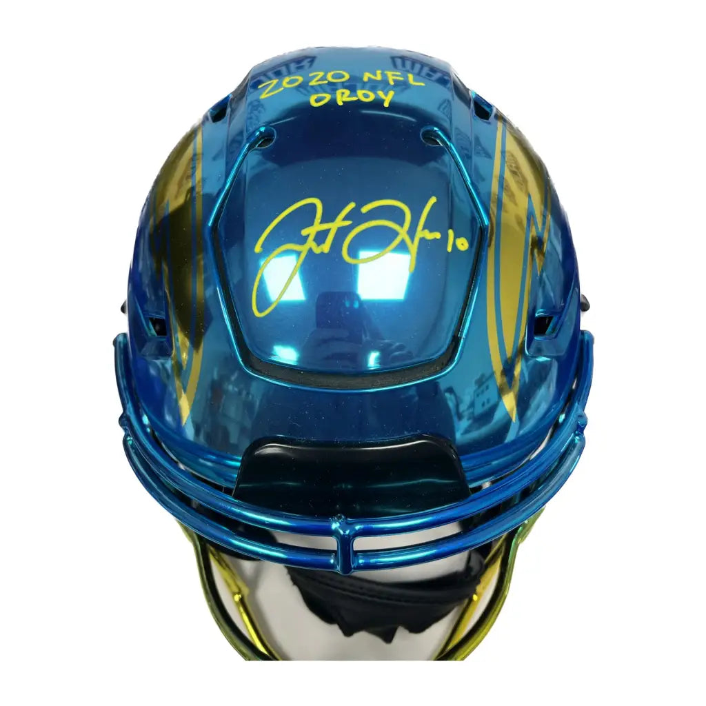 chargers motorcycle helmet Autographed Justin Herbert Chrome Flex Chargers Helmet w/ Inscription